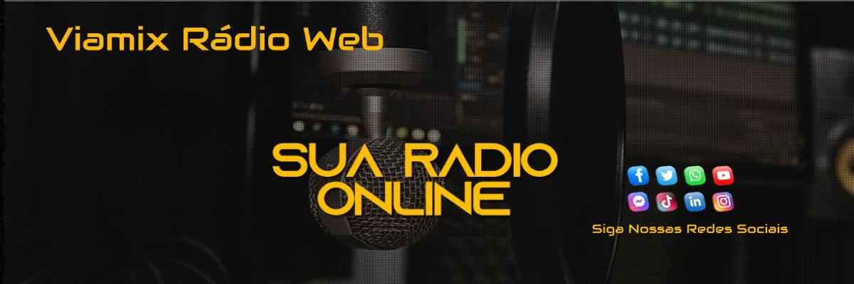 Capa institucional da ViaMix Rádio Web com microfone e redes sociais